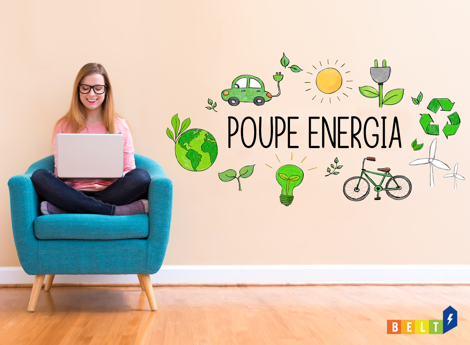 mulher sentada num sofá com portátil ao colo e a mensagem "Poupe Energia" e o símbolo do projeto Belt ao lado